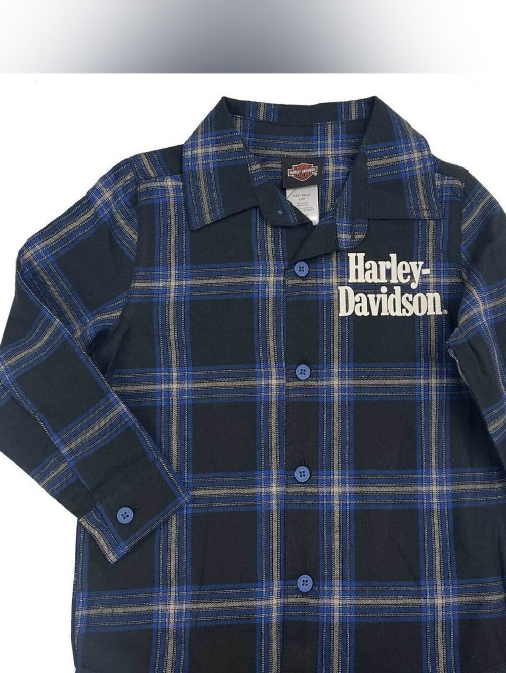 Harley Davidson Brushed P laid Long Sleeve Youth 12 Blue Black Button Down NWOT